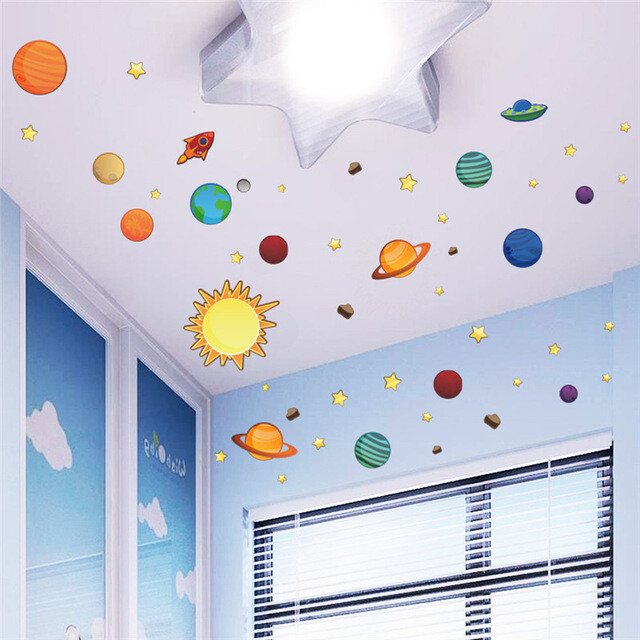 Cartoon Sun Stars Wall Stickers Outer Space Planet Kids Room