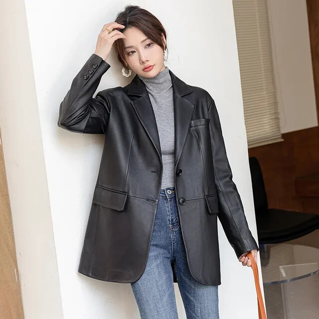 Women's Real Leather Coat Black Tow Button Oversize Coat Lined  Sports Causal XL
