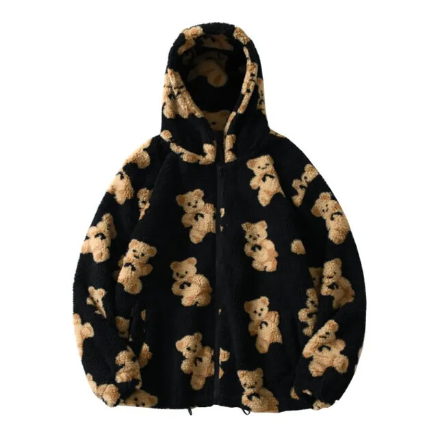 Harajuku Heart-Shaped Print Plush Jacket Women Winter Korean Long Sleeve Zip up