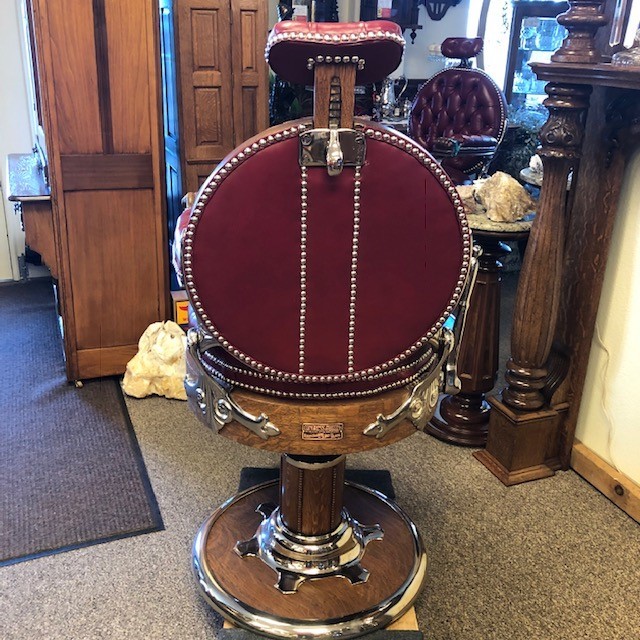 Antique Oak Matched Pair Koken & Kochs Double Round  Barber Chairs
