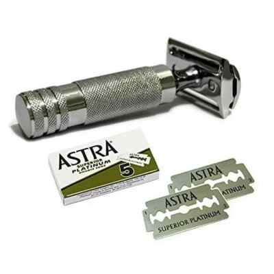 Double Edge Safety Razor Large Short Handled Heavy Duty with 5 Astra Blades