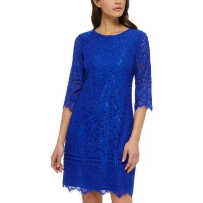 Kensie Sheath Dress Size 8 Blue Lace Floral 3/4 Sleeve Scalloped Hem NWT $118