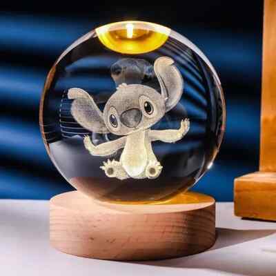 3D 6 CM Stitch Crystal Ball Night Light with Wooden Base Gift Laser Carving Chi