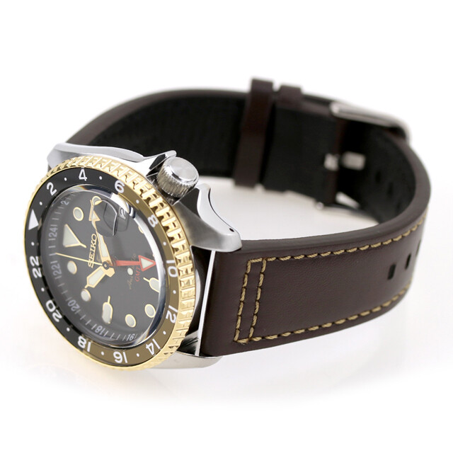 Pre-owned Seiko 5 Sports Sbsc020 Skx Series Gmt Automatic Watch Brown Leather Band 42.5mm