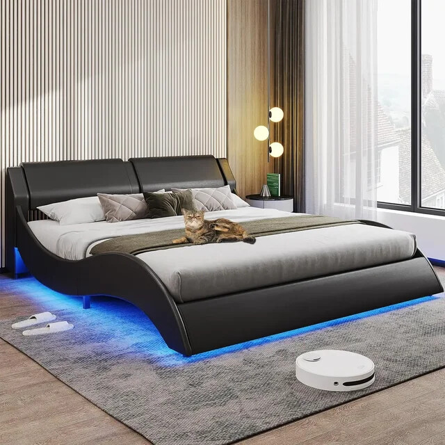 Color Changing LED Lighted Floating Wavy Curve Bed Frame with Music Sync