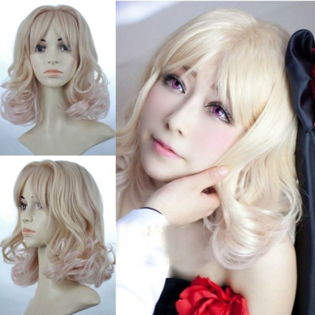 Women S Girl S Cute Medium Blonde Mixed Curly Wavy Hair Wig Anime