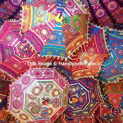 5 Pc Lot Indian Antique Vintage Sun Shade Umbrella Hand Embroidered Parasol Art