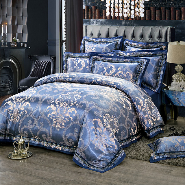 Luxury Blue Jacquard Satin Cotton Queen Size Damask Duvet Cover