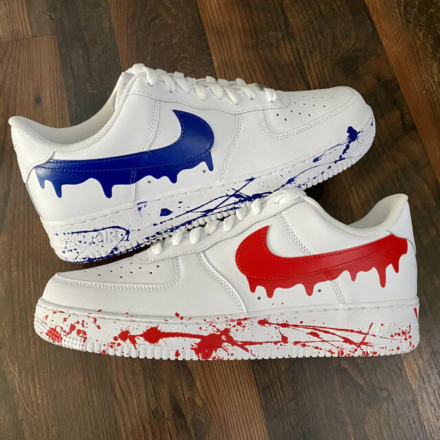 Nike Air Force 1 Custom Red and Blue Drip Splatter White Shoes USA All Sizes - Picture 6 of 12