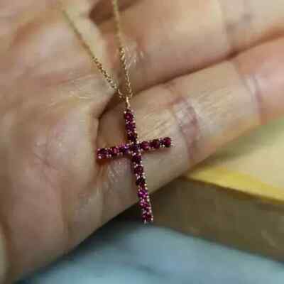 1.50Ct Round Lab Created Pink Ruby Cross Women's Pendant 14K Yellow Gold Plated
