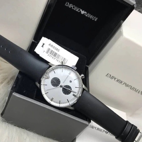 Emporio Armani AR0385 Silver Tone White Chrono Dial Black