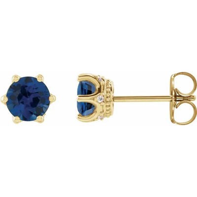 JADiamonds 14K Yellow Gold 6 mm  Blue Sapphire & .03 CTW Diamond Crown Earrings