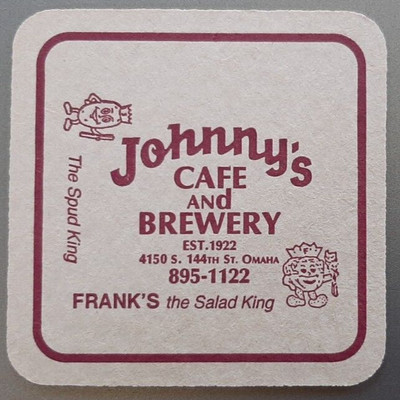 CRAFT BEER COASTER ONE Johnny's Cafe & Brewery Omaha 3.5'' 1/2 1994 NE-JOHN-1