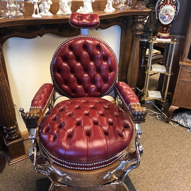 Antique Oak Matched Pair Koken & Kochs Double Round  Barber Chairs