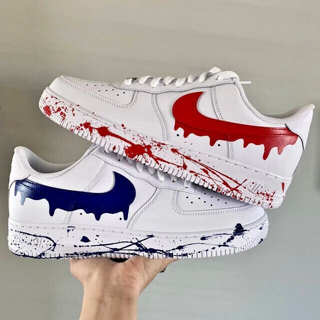 Pre-owned Nike Air Force 1 Custom Red And Blue Drip Splatter White Shoes Usa All Sizes