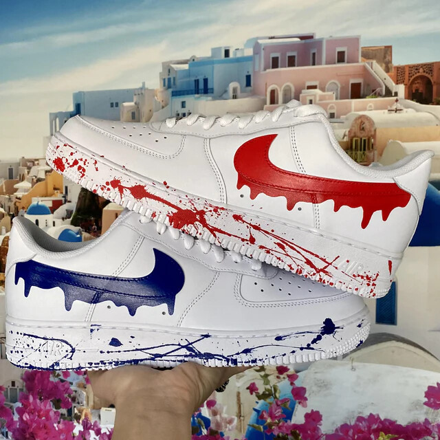 Pre-owned Nike Air Force 1 Custom Red And Blue Drip Splatter White Shoes Usa All Sizes