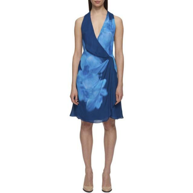 DKNY NWT Изысканное СИНОЕ Присборенное шифоновое платье-футляр с цветочным принтом 2,4,6,