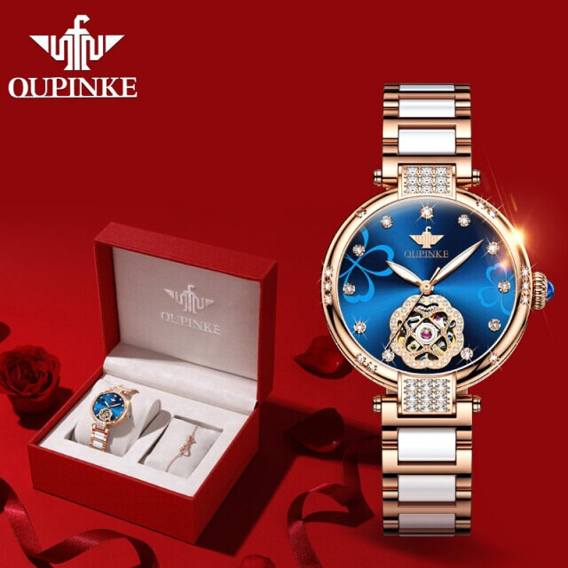 Pre-owned Oupinke T3183-w Luxury Automatic Mechanical Watch For Women Fashion Ceramic In Rose Gold Blue