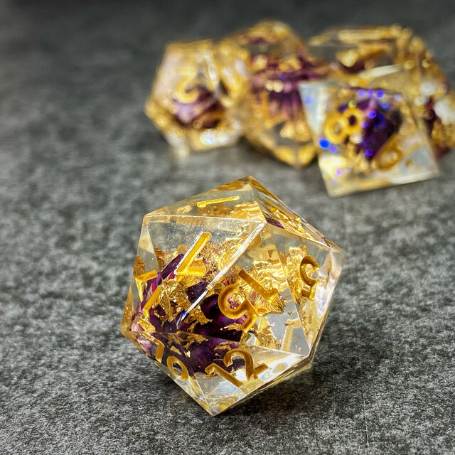 Sage’s Enchanted Flower Purple Sharp Edge Resin Polyhedral Dice Set DnD