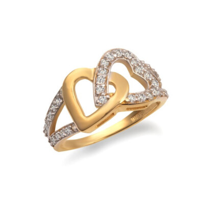 Pre-owned Fdj Gold Double Heart Cz Open Band Love Ring In Yellow Gold