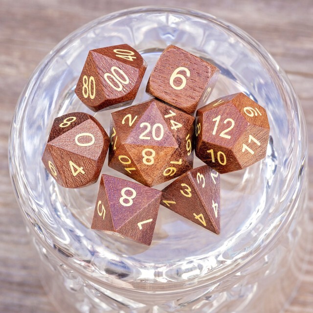Sage's Trees - Purpleheart Wood Gold Ink Polyhedral Dice Set