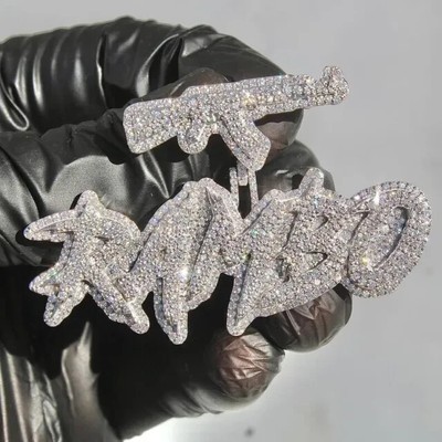4Ct Real Moissanite Custom AKM Rifle Bail & Name Pendant 14K White Gold Plated