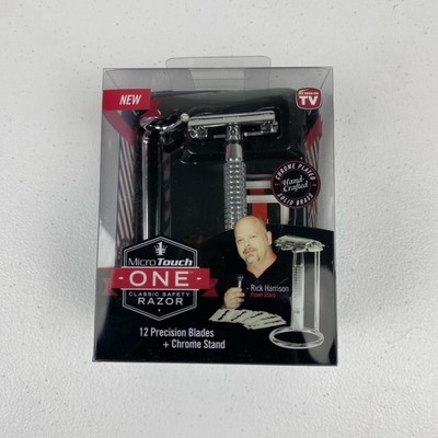 Chrome Plated Micro Touch One Classic Safety Razor 12 Precision Blades + Stand