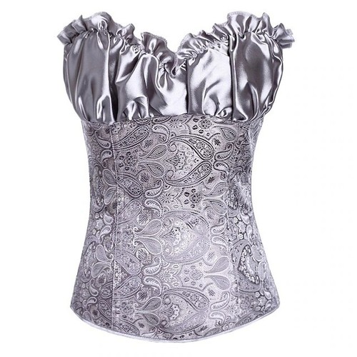 Renaissance Corset XL Gray Silver Brocade Print Burlesque Ruffle