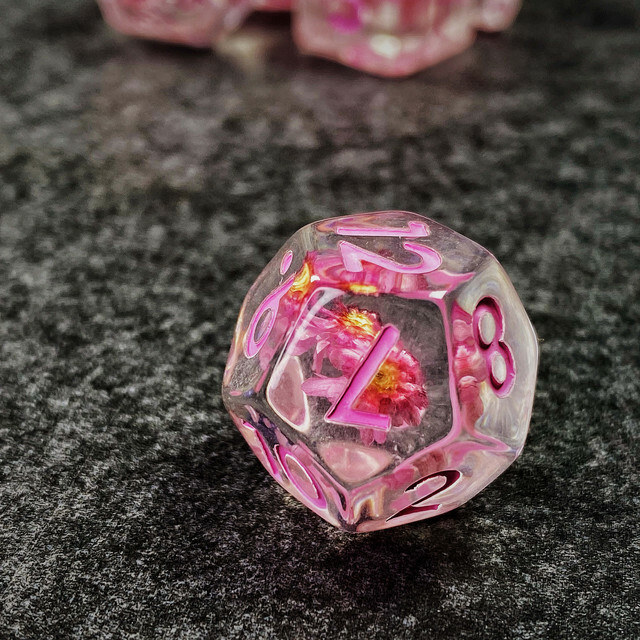 Sage’s Cantrips - Transparent Pink Flowers Resin Polyhedral Dice Set DnD Games