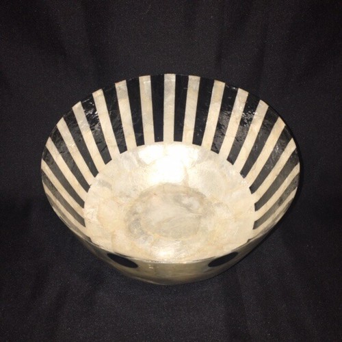 VTG Capiz Shell Decorative Bowl Centerpiece Handmade Black & White