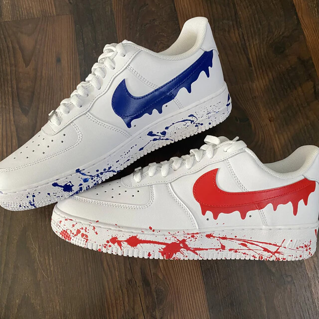 Pre-owned Nike Air Force 1 Custom Red And Blue Drip Splatter White Shoes Usa All Sizes