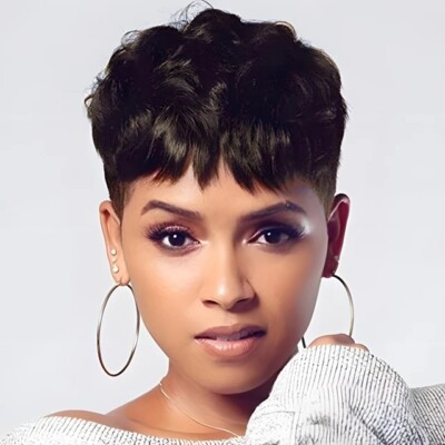New Black Short Real Human Hair Wigs No Lace Pixie Cut Wigs For Women Daily Use