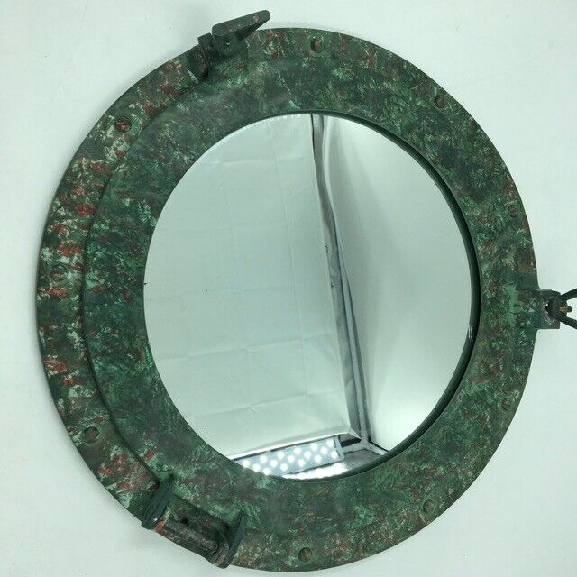 Nautical 17" Rustic Green Aluminum Ship Porthole With Mirror Pirate Wall Decor