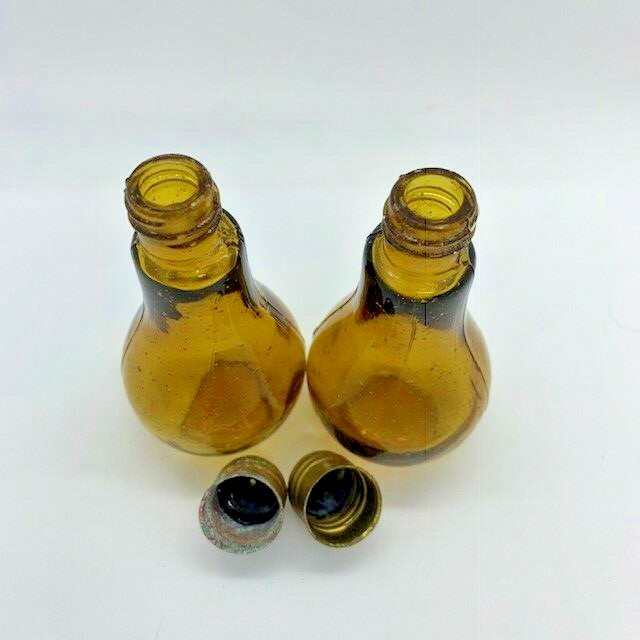 Vintage Amber Glass Salt & Pepper Shaker Set Light Bulb Shaped Screw Brass Caps