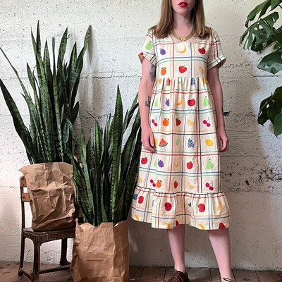 Ersa Fibers XL Billie Dress Fruit Salad Print Trapeze Swing Midi Pockets Linen