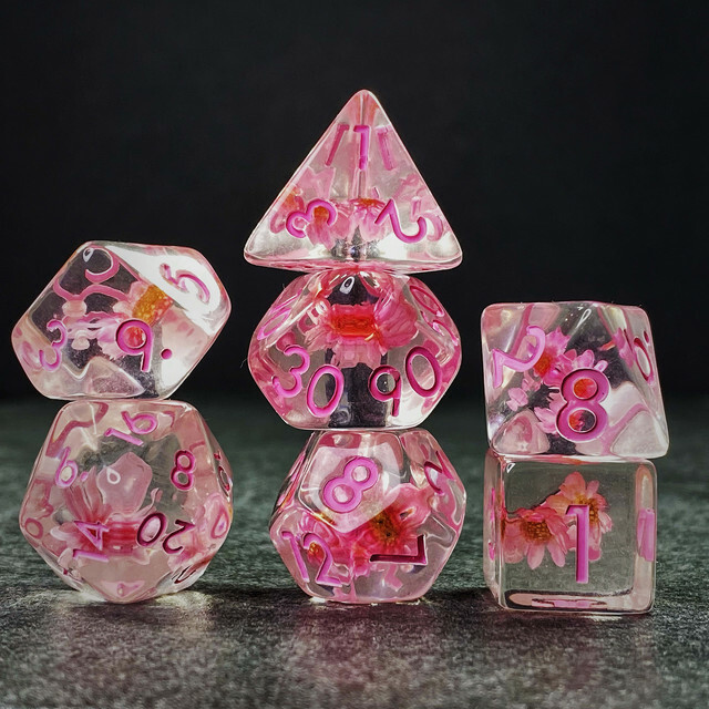 Sage’s Cantrips - Transparent Pink Flowers Resin Polyhedral Dice Set DnD Games