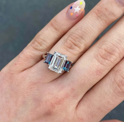 Emerald Cut White Moissanite Three Stone 925 Sterling Silver Wedding Ring 9x7 MM