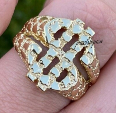 Pre-owned Nsg Men's Solid Dollar Symbol Nugget Pinky Ring 14k Yellow Gold Plated Silver