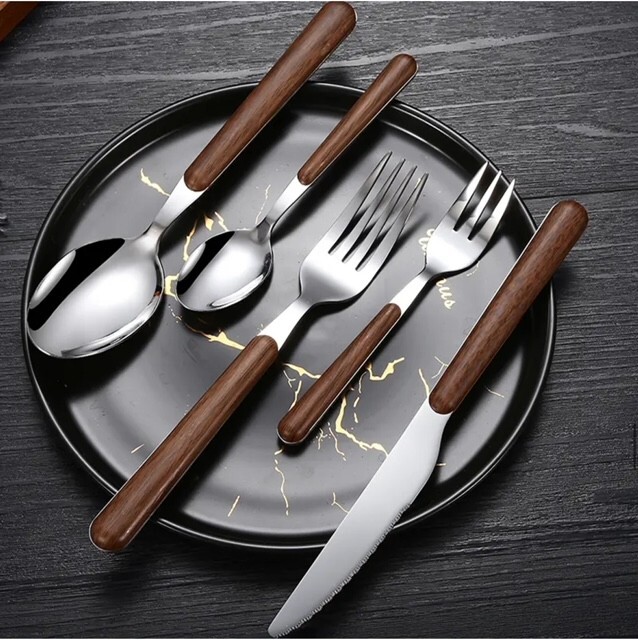 5-piece silverware set with faux wooden handle, stainless steel tableware set.