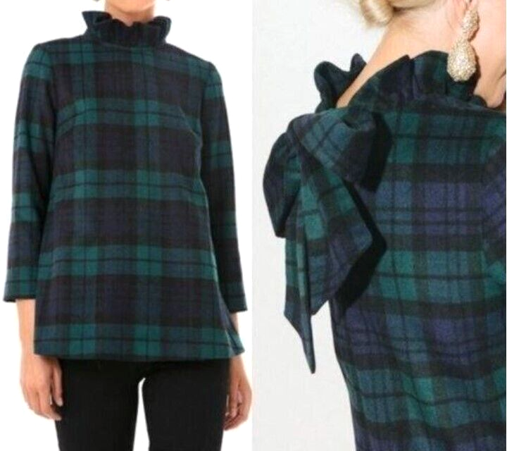 Tuckernuck Blackwatch Plaid Faye Blouse L Top Ruffle Collar Career Wool Blend
