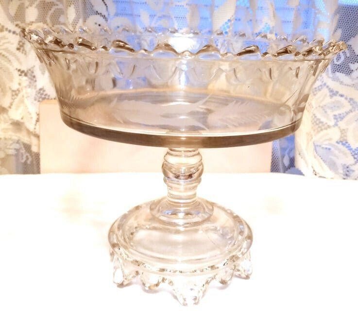 EAPG Compote 1885 King & Son Pedestal Bowl Etched Glass Applied Bands Batesville