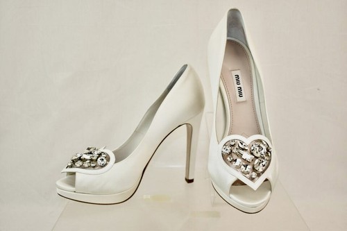 Miu Miu white satin jeweled crystal Embellished heel pump