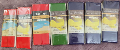 Lot Of 7 Multicolored Wrights Bias Hem Facing/Wide Bias Tape Red/Blue/Green