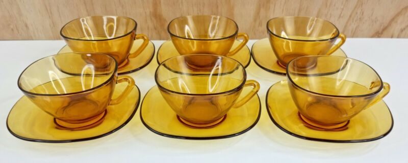 Vereco France French Glass Amber Yellow Gold Cup And Saucers X 6 Retro Vintage