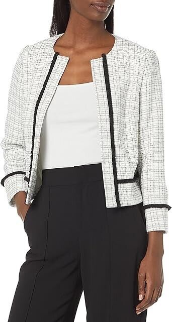 Kasper Collarless Front Fringe Jacket Women's 16 Vanilla Ice/Black Long Sleeve - Picture 1 of 16