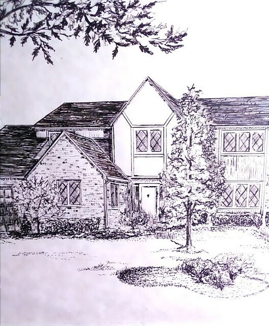 Signed Flanigan ? Hand Drawn in Ink on Parchment Paper Cozy Home in Oak Frame