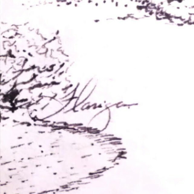 Signed Flanigan ? Hand Drawn in Ink on Parchment Paper Cozy Home in Oak Frame