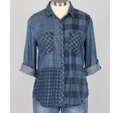 Billy T Women XS Blue Mix Plaid Long Sleeve Pockets Button Back Collared Top NWT