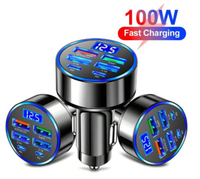 1pc 6-Port Car Charger with Digital Display - Fast Charging USB-C & Type-C - NEW