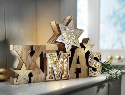 LED Schriftzug Xmas Snowflake aus Holz - Deko, Weihnachten - Neu